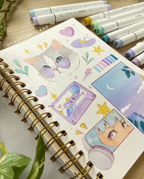 Sketchbook art 🎨 The full page of my sketchbook is finished! Do you like this color palette? Many people liked the cute cat in the glasses 🐱💕 I had to disappear for some days to catch up with work, but I can’t wait to share some new projects here! As always, thank you for your support. #sketchbook #markerart #sketchbookart #artoftheday #artsy #catart #cutecat #citypop #animeart #catillustration #cuteart #artist #markers Artist Notebook, Cute Sketchbooks, Watercolour Ideas, Copic Marker Art, Artist Markers, Sketchbook Inspo, Copic Art, Drawings Ideas, Diy Journal Books