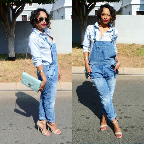 Denim overall denim paired with nude heels. #denim #dungarees #newhipsterstyle -- Fashionistas of South Africa ---- Crystal Kasper Overalls And Heels Outfits, How To Wear Dungarees, Dungaree Outfit, Ankle Wrap Heels, Denim Dungaree, Overalls Fashion, Maxi Dress Outfit, Denim Dungarees, Trendy Mom