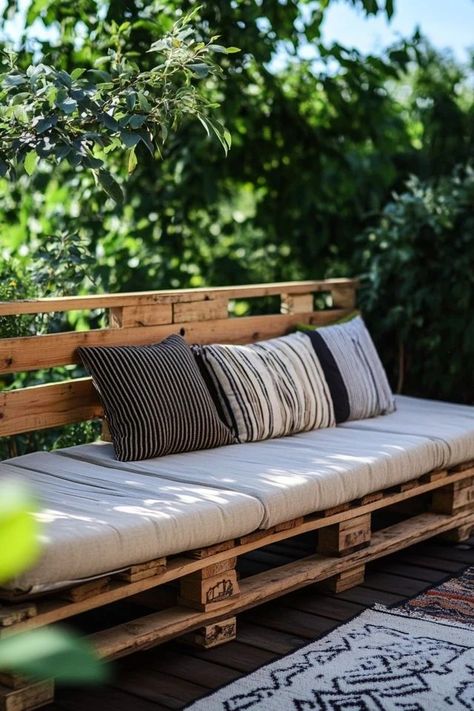 "Create a cozy and stylish outdoor seating area with a DIY Pallet Wood Sofa! 🪑🛠️ Perfect for those who love handmade crafts and outdoor living. 🌟✨ #OutdoorSofa #DIYGarden #PalletCrafts" Palate Furniture Outdoor, Pallet Bench Outdoor, Homemade Pillows, Diy Outdoor Seating, Diy Pallet Sofa, Pallet Seating, Pallet Bench, Outdoor Seating Area, Pallet Sofa