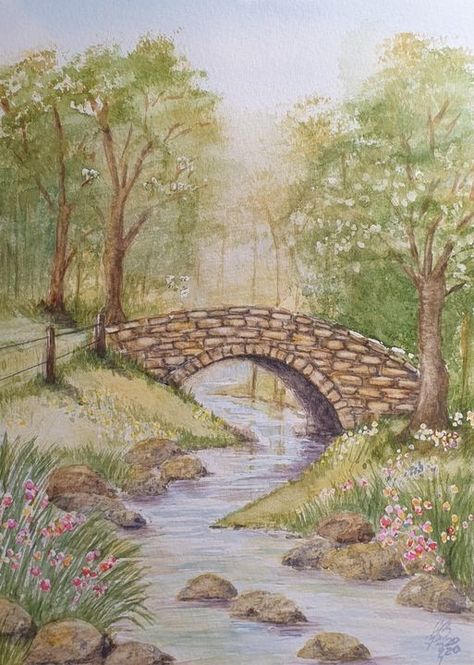 Landscape For Drawing, Garden Scene Painting, Nature Scenes Drawing, Flower Landscape Drawing, Spring Aesthetic Drawing, Spring Landscape Drawing, Aesthetic Landscape Drawing, Aesthetic Garden Drawing, Bridges Illustration