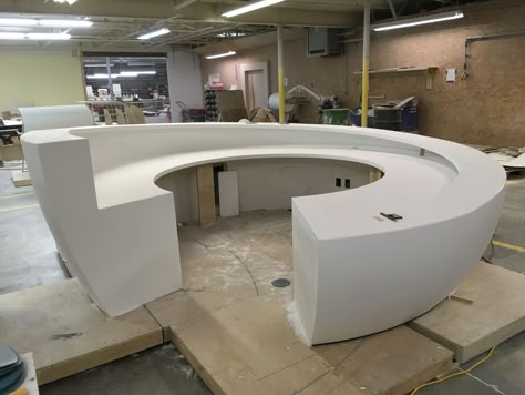 Solid Surface Reception Desk. Solid surface has come full circle. Circular Reception Desk Design, Circle Reception Desk, Round Reception Desk, Circular Reception Desk, Reception Desk Dimensions, Circle Desk, Lobby Desk, Dream Workplace, Unique Reception Desks