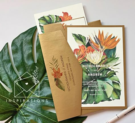 Vibrant colors mixed with antique gold for a gorgeous tropical vibe! Jungle Wedding Theme, Wedding Invitations Tropical, Brazilian Wedding, Elegant Beach Wedding, Earth Tone Wedding, Tropical Luxury, Rose Gold Invitations, Envelope Addressing, Wedding Blush