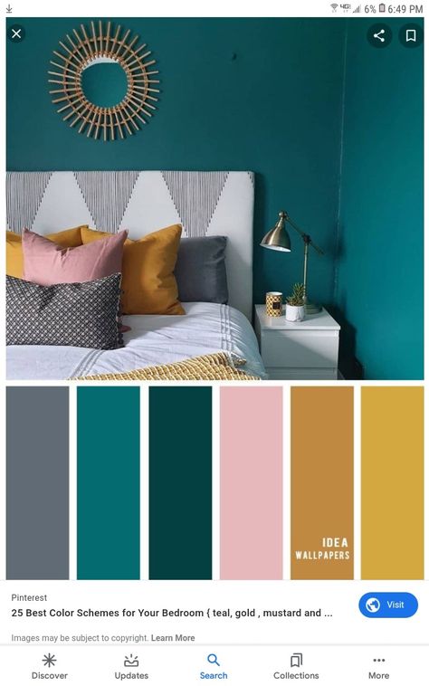 Teal Blush And Gold Bedroom, Teal Color Schemes Colour Palettes, Grey And Gold Bedroom Ideas Decor, Mustard Grey Colour Palette, Teal Rooms Ideas, Teal Pink Gold Color Palette, Grey And Teal Color Palette, Teal Bedrooms Master, Green Pink And Yellow Color Scheme