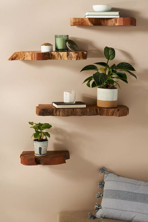 Takara Live-Edge Shelf | Anthropologie Sconces Over Floating Shelves Living Room, Plant Shelves For Wall, Living Edge Shelves, Apartment Cheap Decor, Room Decor With Green Walls, Earthy Wall Decor Living Room, Apartment Decor Pieces, Small Wood Home Decor, Wall Decor Earthy