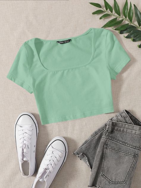 Basic Outfits Summer, Mint Green Outfits, Mint Outfit, Mint Shirt, Shein Basics, Shein Outfits, Causal Outfits, Sweater Trends, Crop Top Outfits