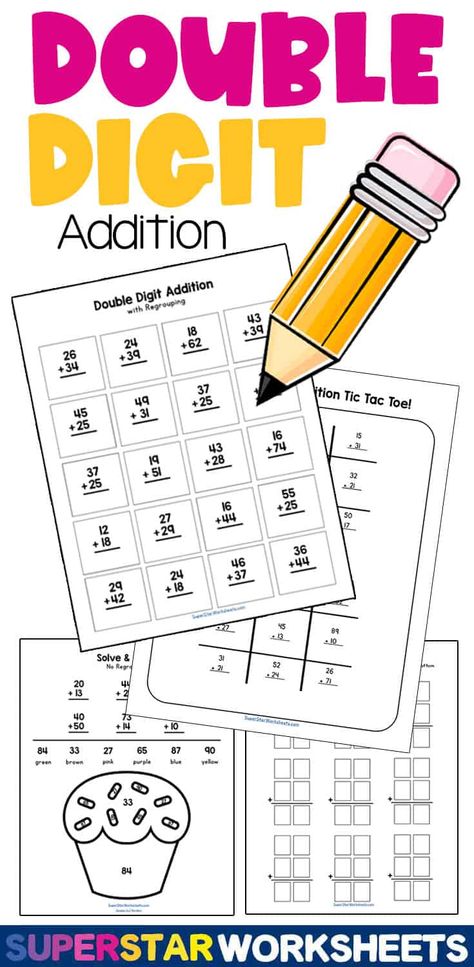 Addition With Regrouping Games, Addition Without Regrouping Worksheet, Double Digit Addition Worksheets, Double Digit Addition Without Regrouping, Double Digit Addition With Regrouping, Addition Regrouping, Addition Worksheets First Grade, Addition With Regrouping Worksheets, Addition Coloring Worksheet