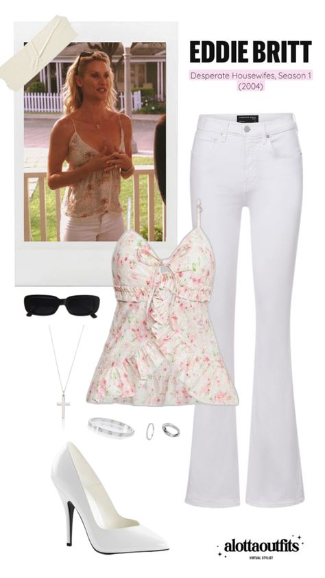 Eddie Britt inspired outfit featuring a floral peplum sleeveless top, white jeans and bold accessories Confident Outfits, Edie Britt, Gabrielle Solis, Confident Outfit, Desperate Housewives, Summer Lookbook, Glamorous Style, Girl Fits, Simple Trendy Outfits