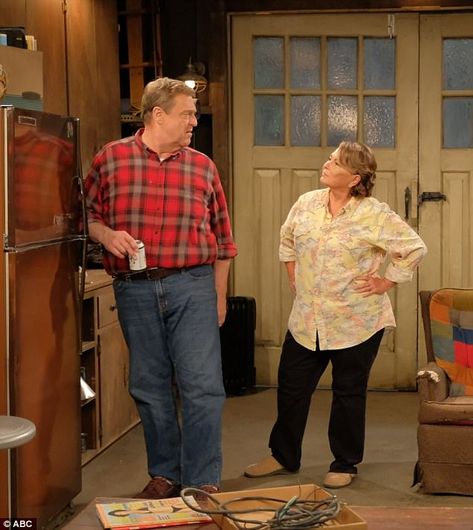 Get a good look: Roseanne Barr and John Goodman, both 65, appear on the set of the Roseanne reboot John Goodman Roseanne, Dan Conner, Roseanne Tv Show, Roseanne Show, Roseanne Barr, Sara Gilbert, John Goodman, Police Detective, Couch Potato