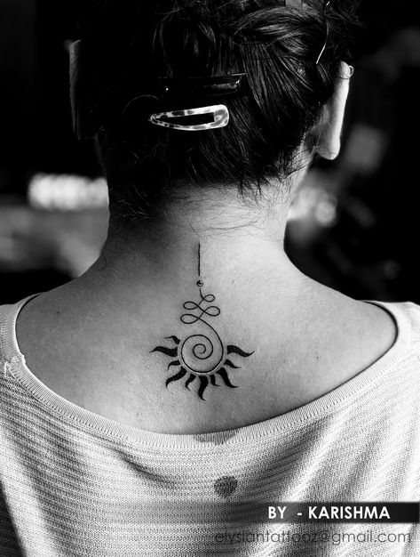 Neck Nape Tattoo, Navratri Tattoo, Om Symbol Tattoo, Front Shoulder Tattoos, Nape Tattoo, Trishul Tattoo Designs, Demonstrative Pronouns, Spiral Tattoos, Trishul Tattoo