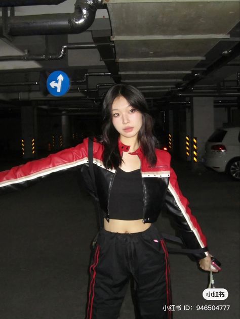 Racer Outfit Kpop, Moto Outfit Women, Bikercore Style, Racer Jacket Outfit Women, Racer Outfit, Zip Up Leather Jacket, Leather Jacket Cropped, Women Leather Jacket, Race Outfit