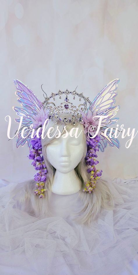 Purple Fairy Queen wings headdress. Realistic fairy wings headdress. Fantasy Fairy wedding headdress. Wisteria headdress by VerdessaFairy on Etsy Wisteria Headpiece, Realistic Fairy, Rose Headpiece, Baroque Wedding, Fairy Cosplay, Purple Fairy, Red Gothic, Fairy Crown, Wedding Headdress