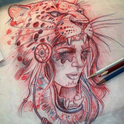 Leopard girl Headdress Tattoo, Princess Tattoo, Aztec Tattoo, Aztec Art, Desenho Tattoo, Warrior Princess, A Pencil, First Tattoo, Meaningful Tattoos