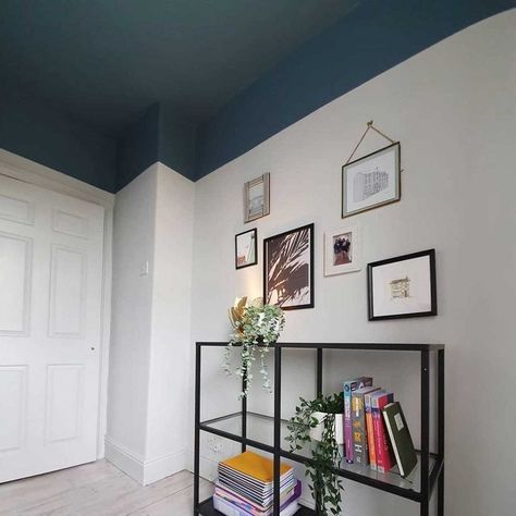 Colour Painted Ceiling, Painted Inset Ceiling, Ceiling Paint Onto Wall, Extended Ceiling Paint, Blue Painted Ceiling Ideas, Ceiling Accent Color, Ceiling And Half Wall Paint, Paint Above Picture Rail And Ceiling, Half Painted Wall Dark On Top