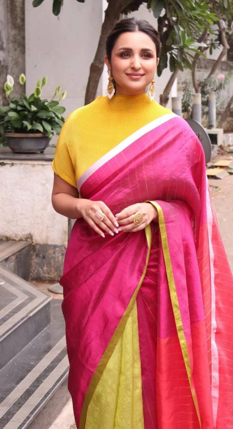 Parineeti chopra in a double colour saree by payal khandwala for hunarbaaz 2 Payal Khandwala Saree, Parineeti Chopra Outfits, Double Colour Saree, Lime Green Saree, Saree Pose, Payal Khandwala, Saree Styling, Motifs Design, Facial Kit