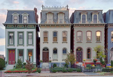 Historic Row Houses, French Row House, Old Looking Houses, St Louis Houses, Lafayette Square St Louis, Row Houses Architecture, Row House Exterior, Small Row House, Mansard House