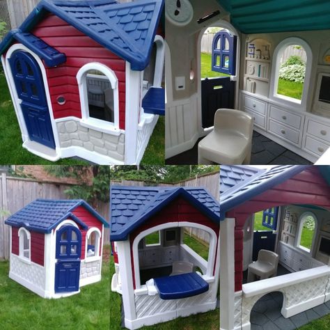 Hours of taping and so much inhaled spray paint but I turned this old plastic little tikes playhouse into a cute little home for my boys! Little Tikes House Makeover, Paint Playhouse, Playhouse Upgrade, Playhouse Redo, Playhouse For Boys, Painted Playhouse, Playhouse Diy, Plastic Playhouse, Playhouse Makeover