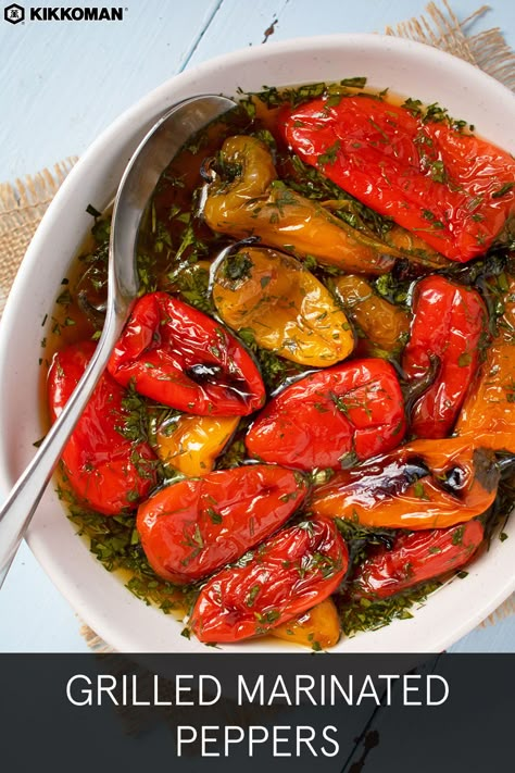 Grilled Mini Peppers Recipes, Corbaci Pepper Recipes, Bell Peppers Side Dish, Marinated Peppers Italian, Grilled Peppers Recipe, Sides For Burgers, Marinated Peppers, Italian Peppers, Summertime Meals