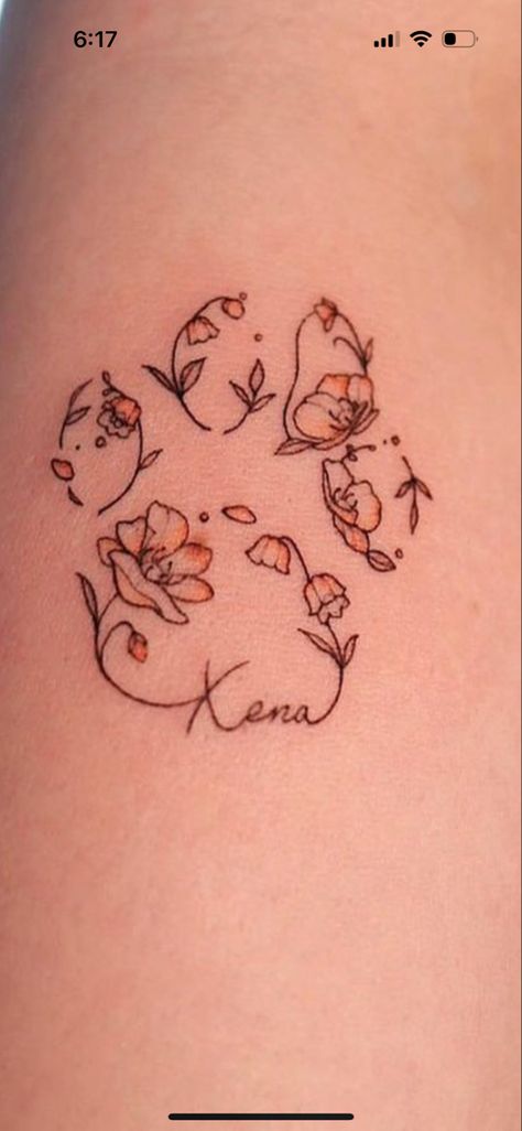 Dog Collar Bone Tattoo, Tattoos Pets Memorial, Lily Dog Tattoo, Memorable Dog Tattoos, Floral Dog Tattoo Design, Gsd Tattoo Simple, Dog Print Tattoo With Flowers, Tattoos In Memory Of Cat, Dog Ear Tattoo With Flowers