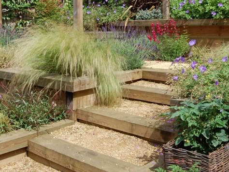 Garden On Different Levels, Steep Garden Steps, Sloped Landscaping, Fairy Path, Garden Slope, Sleeper Steps, Steep Gardens, Sleepers In Garden, Terraced Gardens