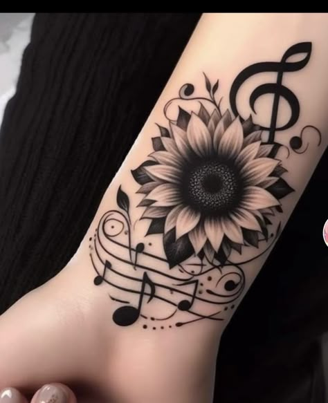 Music Inspired Tattoos For Women, Music Wrist Tattoos, Coverup Wrist Tattoos For Women, Mine Tattoo, Wrist Tattoo Cover Up, Sunflower Heart, Arm Sleeve Tattoos For Women, Music Symbol, Music Tattoo Designs