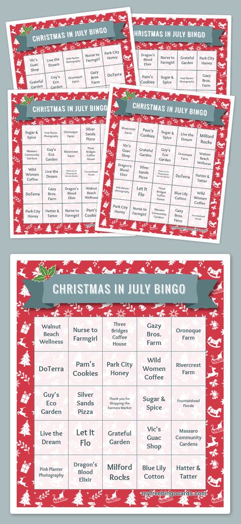 Christmas in July Bingo Free Christmas Music, Holiday Bingo Cards, Cheesy Christmas Movies, Bingo Card Generator, Music Bingo, Free Printable Bingo Cards, Holiday Bingo, Free Bingo Cards, Christmas Bingo Cards