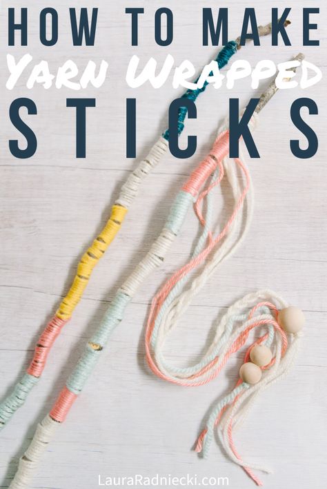 Looking for an easy nature craft for kids? Try these DIY yarn wrapped sticks! All you need are sticks, yarn and hot glue; let your imagination run wild! You can even turn these yarn wrapped sticks into magic wands! #naturecrafts #yarn #kidscrafts #lauraradniecki Stick Wrapped In Yarn, Yarn Sticks Craft, Yarn Wrapped Sticks, Diy Hot Glue Crafts, Yarn Crafts Easy, Yarn Sticks, Yarn Crafts To Sell, Painted Sticks Diy, Wood Burning For Beginners