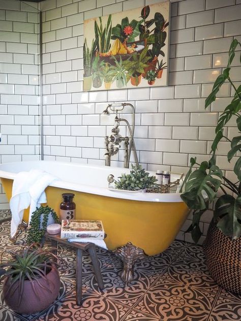 Yellow Bath, Bohemian Bathroom, Idle Hands, Bathroom Plants, Bathroom Idea, Yellow Bathrooms, Boho Bathroom, Bathroom Inspo, Clawfoot Tub