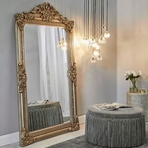 Such a stunning piece! I love how the Eleanor Floor Mirror adds a touch of luxury to the space. ✨😍 #indoor #indoorfurniture #furniture #livingroom #mirror #floormirro #home #homedecor Floor Mirror With Lights, Gold Floor Mirror, Fancy Mirror, Beautiful Bed Designs, Large Floor Mirror, Gold Floor, Bevelled Mirror, Mirror Vintage, Ornate Mirror