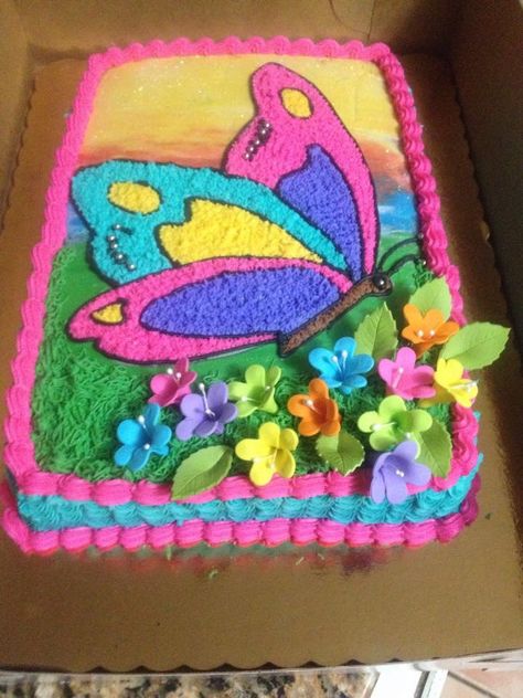 Butterfly and flowers cake frosting Rainbow Butterfly Cake Birthday, Butterfly Decorated Cake, Butterfly Cookie Cake, Butterfly Cake Ideas Birthdays, Butterfly Cake Ideas Birthdays Beautiful, Butterfly Sheet Cake Ideas, Butterfly Cakes For Girls Birthday, Butterfly Cakes Ideas, Butterfly Sheet Cake