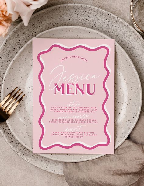 Hen Dinner Party, Bridal Shower Menu Cards, Barbie Hens Party, Barbie Wedding Theme, Bridal Shower Barbie, Pink Hens Party, Hens Party Decorations, Pink Dinner Party, Birthday Menu Card