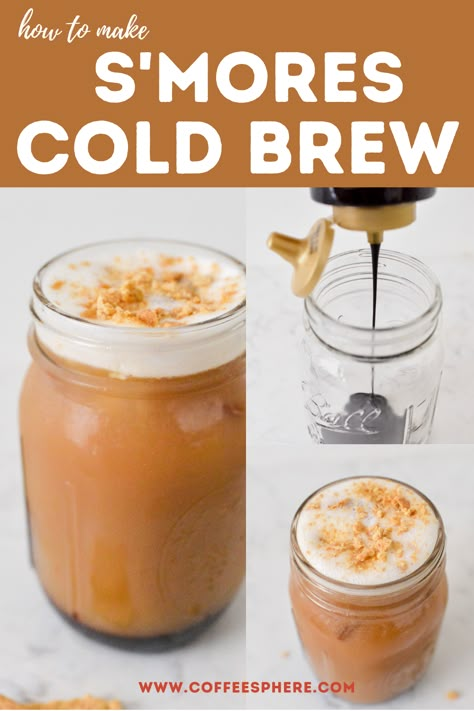 Toasted Marshmallow Cold Brew, Cold Brew Coffee Recipe How To Make Easy, S’mores Cold Brew, Cold Brew Coffee Ideas, Cold Brew Recipes Coffee Drinks, S’mores Iced Coffee, Cold Brew Coffee Drinks, Fall Cold Brew Coffee Recipes, S’mores Coffee