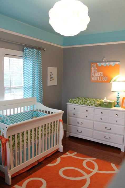 Turquoise and orange little boy's nursery.  Precious. Dr Seuss Nursery, Orange Nursery, Baby Nursery Design, Future Baby Ideas, Kid Rooms, Baby Boy Room, Nursery Colors, Gender Neutral Nursery, Kids Room Ideas