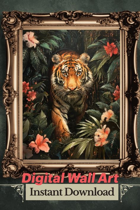 Step into the untamed allure of the jungle with our vintage painting showcasing a majestic tiger amidst lush greenery and blossoms. Perfect for dark academia and gothic aesthetics, this evocative artwork adds a touch of mystery and grandeur to any space. Immerse yourself in the wild beauty of the jungle! 🐅🌿🌺🖼️ Tiger Printable, Gothic Poster, Dark Jungle, Dark Academia Prints, Jungle Tiger, Wall Art Dark, Gothic Wall Art, Vintage Tiger, Wildlife Paintings