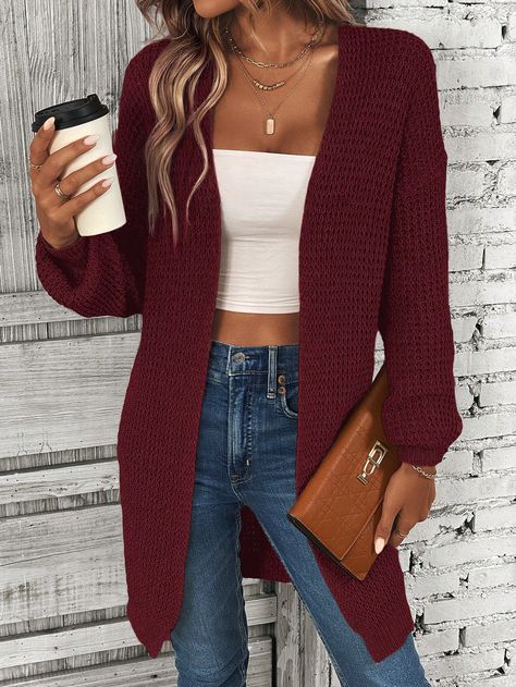 Solid Drop Shoulder Cardigan Burgundy Casual  Long Sleeve Knitwear Plain  Slight Stretch  Women Clothing, size features are:Bust: ,Length: ,Sleeve Length: Maroon Cardigan Outfit, Holiday Cardigan, Maroon Cardigan, Drop Shoulder Cardigan, Cardigan Outfits, Open Front Cardigan, Chic Boutique, Winter Looks, Knitwear Women