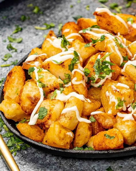 As one of Spain’s most iconic tapas, this easy authentic Patatas Bravas recipe will take your tastebuds on a trip to another country! #patatasbravas #appetizers #tapas #recipe Patas Bravas Recipe, Papas Bravas Recipe, Spanish Side Dishes, Spanish Meals, Tapas Ideas, Tapas Night, Golden Potatoes, Barcelona Trip, Jo Cooks