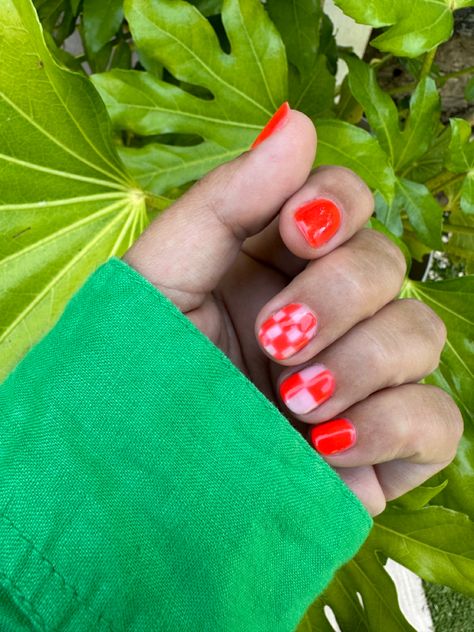 Red And Green Checkered Nails, Diy Checkered Nails, Checkboard Nails, Red Checkered Nails, Checkerboard Nails, Two Tone Nails, Checkered Nails, 2024 Nails, Short Gel Nails