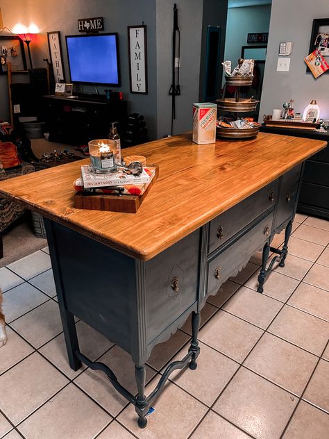 An antique buffet, also called a sideboard is painted and a wood plank top added to make it a useful kitchen island. Buffet With Countertop, Buffet As Kitchen Island, Antique Buffet Kitchen Island, Kitchen Island From Buffet, Buffet To Kitchen Island, Buffet Island Ideas, Sideboard Kitchen Island, Buffet Island Kitchen, Repurpose Dresser To Kitchen Island