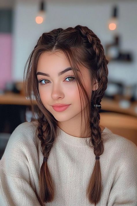 braided hairstyles, trendy teens, stunning hairstyles Cute Pigtails, Trendy Hairdos, Braided Pigtails, Strands Of Hair, Pretty Braids, Hair Patterns, Hairstyles For Teens, Wavy Style, Pigtail Braids