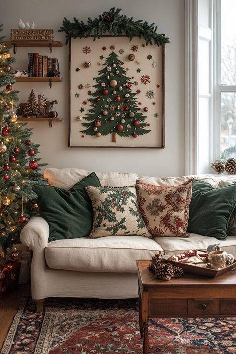 Small Spaces Christmas Decor, Christmas Studio Apartment, Christmas Condo Decor, Stocking Placement No Fireplace, Studio Apartment Christmas Decor, Sofa Christmas Decor, Christmas Couch Decor, Ideas For Studio Apartments, Christmas Sofa Decor