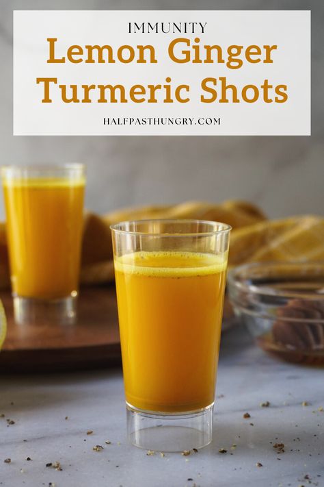 Ditch all the expensive immunity boosting shots at juice bars and health-food stores and make your own healthy drink. Give your body a boost and jumpstart your day with immune-boosting vitamins and minerals with this Lemon Ginger Turmeric Shots. It has anti-inflammatory, antioxidant and immune-boosting benefits from the lemon, turmeric and ginger. Lemon Ginger Turmeric Shots, Ginger Shots Recipe, Ginger Turmeric Shots, Lemon Ginger Turmeric, Ginger Shot Recipe, Lemon Shots, Ginger Shots, Turmeric Drink, Benefits Of Ginger