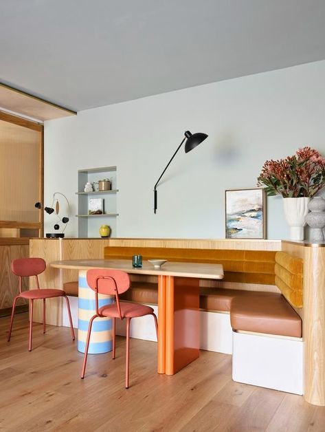 Maddison Apartment by Studio Johnston | ArchitectureAu Kitchen Bench Seat, Built In Booth, Interior Bench, Airbnb Interior Design, Yellow Side Table, Timber Sliding Doors, Airbnb Interior, Banquet Seating, Kitchen Benchtops