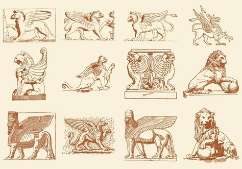 Statues Of Lions Griffins And God Vectors - https://www.welovesolo.com/statues-of-lions-griffins-and-god-vectors/?utm_source=PN&utm_medium=welovesolo59%40gmail.com&utm_campaign=SNAP%2Bfrom%2BWeLoveSoLo Ancient Lion, Griffin Art, Ancient World History, Statue Tattoo, Asian Architecture, Sculpture Projects, Small Tattoos For Guys, Digital Painting Tutorials, Lion Tattoo