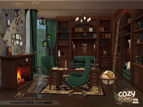 Slytherin Decor, Dark Academia Office, Office Room Design, Floor Globe, Books Library, Sims 4 Cc Furniture, Elegant Office, Study Areas, Office Set