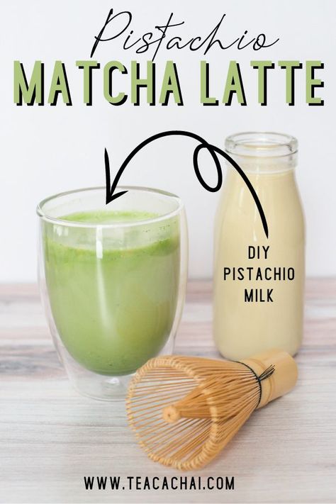 Pistachio Matcha Latte with Homemade Pistachio Milk - Delicious and easy recipe #matcha #matcharecipes #matchalatte #pistachiomilk Pistachio Matcha, Nut Milk Recipe, Matcha Drink Recipes, Pistachio Milk, Homemade Nut Milk, Green Tea Drinks, Raw Pistachios, Hot Drinks Recipes, Non Dairy Milk