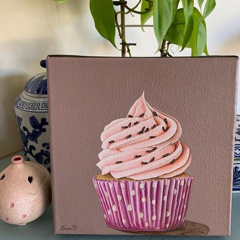 Sam Passmore on Instagram: “Strawberry, vanilla cupcake with chocolate sprinkles acrylic painting on canvas. Yummy 🧁available in my Etsy shop, link in bio. #etsy…” Dessert Acrylic Painting, Cupcake Painting Easy, Cupcake Painting On Canvas, Cupcakes Painting, Cupcake Art Painting, Painted Cupcakes Acrylic, Cupcake Oil Painting, Mandala Heart, Cupcake Painting