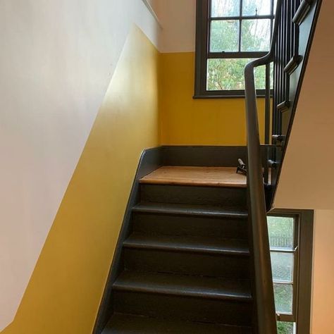 Yellow Stair Banister, Yellow And Black Hallway, Half Painted Wall Hallway Stairs, Half Painted Wall Staircase, Mustard Stairs, Yellow Ceiling Hallway, Pale Yellow Hallway, Half Height Painted Walls, Yellow Staircase Wall