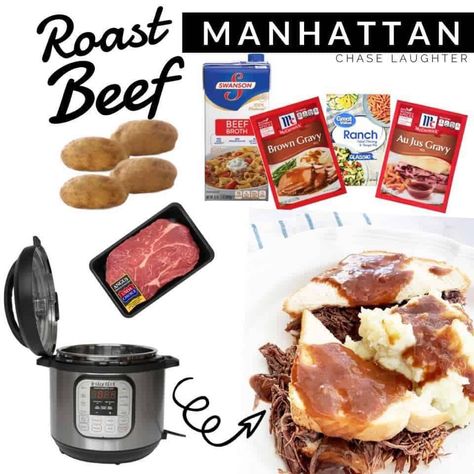 Roast Beef Manhattan Recipe, Beef Manhattan Recipe, Beef Manhattan, Instant Pot Roast Beef, Roast Beef Au Jus, Instant Pot Roast, Pot Roast Beef, Manhattan Recipe, Roast Gravy