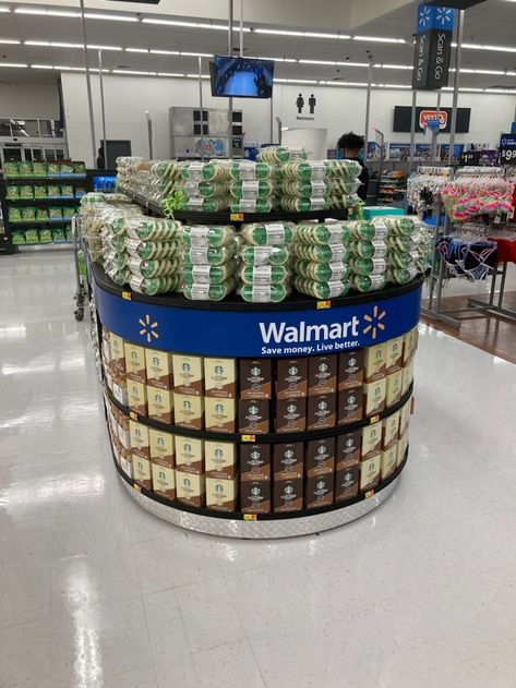 This is a walmart display I built this week as a Pepsi sales rep. I assembled the table and put on the Starbucks products, which we distribute, and the walmart bakery added their goods. There is more on the other half. This display is a focal point bc it is placed directly in front of the grocery side entrance and is the first display on the grocery action alley. I expect to sell 1-2 additional cases (6-12 boxes) of take home starbucks product from this display / day, up from store's avg of ~2. Starbucks Products, Walmart Bakery, Side Entrance, Maybe In Another Life, Focal Points, The Other Half, Other Half, Food Obsession, Focal Point