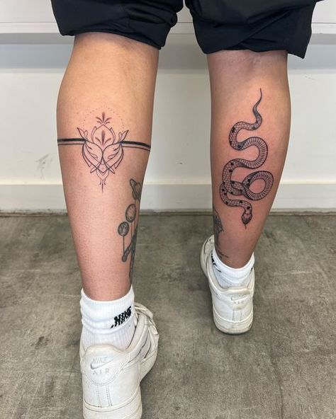 Snake Tattoo Calf, Calf Snake Tattoo, Matching Calf Tattoos, Snake Calf Tattoo, Snake Tattoo Leg, Side Of Calf Tattoo, Calf Tattoos For Guys, Snake Leg Tattoo, Calves Tattoo