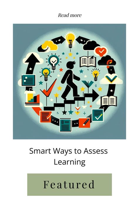 An illustration of a person ascending a staircase surrounded by symbols of learning and technology, such as books, a laptop, light bulbs, and icons representing ideas and love for knowledge, with a "Read more" label at the top and "Smart Ways to Assess Learning" featured at the bottom. Assessment Of Learning, Learning Outcomes, Assessment For Learning Strategies, Active Learning Strategies Teaching, Research Based Teaching Strategies, Formative Assessment Examples, Assessment Strategies, Creative Worksheets, Assessment For Learning